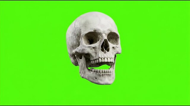 Cinematic 4K Realistic Human Skull Opening Jaw and Laughing on a Green Screen for Spooky Halloween VFX and Video Compositing