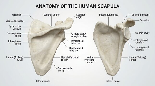 Anatomy diagram of the human scapula bone with labels illustration