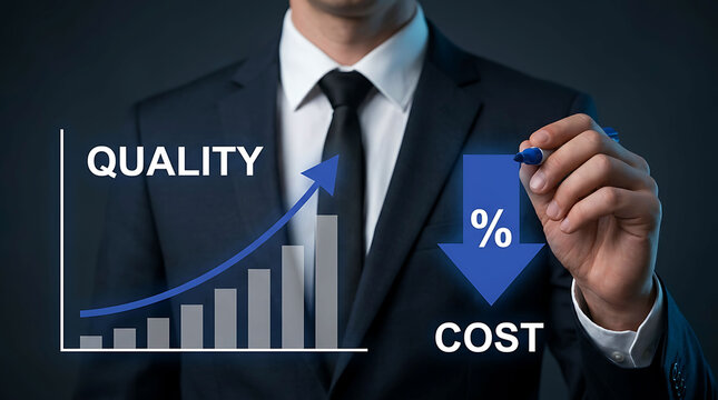Businessman drawing a chart showing increasing quality and decreasing cost percentages
