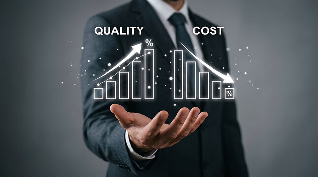 Businessman holding hologram of quality improvement and cost reduction graphs