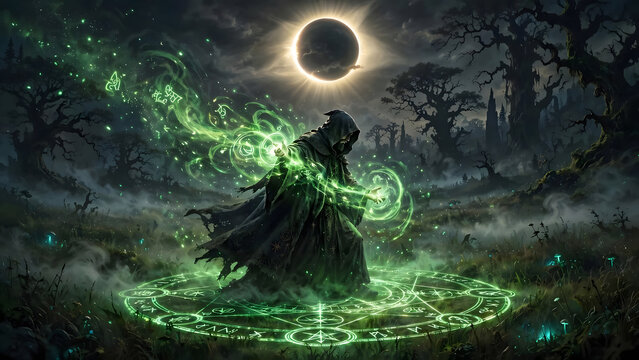 A hooded sorcerer channels potent emerald energy in a dark, ancient forest, performing a powerful ritual under the ominous shadow of a total solar eclipse, an epic scene of dark fantasy