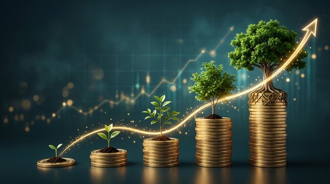 Green business investment and financial growth concept with growing trees on rising stacks of gold coins and glowing upward arrow curve over stock market chart background