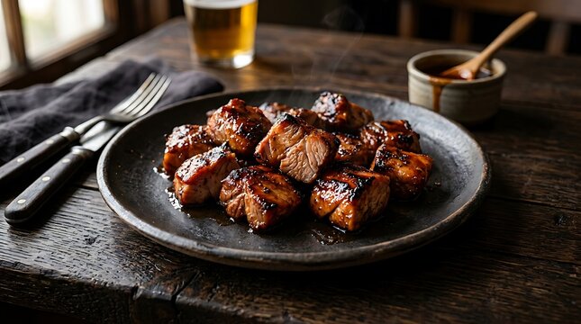 Grilled beef steak cubes served on a black plate with a fork and sauce on a dark rustic wooden table. grill pork tips