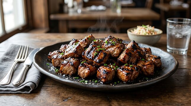 Grilled beef steak cubes with herbs on a dark plate served on a rustic wooden table in a cozy restaurant. grill pork tips