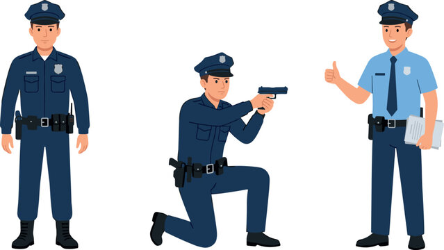 Police Officer Character Set in Different Poses Aiming Gun and Showing Thumbs Up for Law Enforcement Security Vector Illustration Designs
