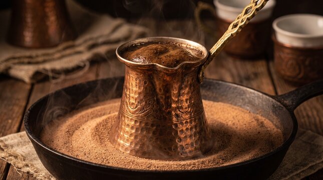 Traditional Turkish coffee brewing in a copper pot over hot sand.