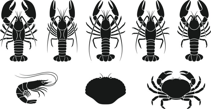 Marine crustaceans silhouette vector set featuring lobsters crabs shrimp and various shellfish species isolated on white background