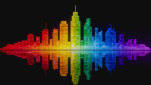 A symmetric pixelated sound wave visualization with a rainbow color gradient, representing audio frequency levels.