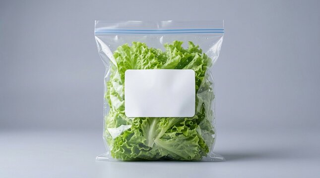 Fresh Green Lettuce in Clear Plastic Resealable Bag with Blank Label for Branding and Food Storage Mockup on Grey Background