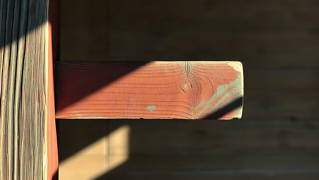 Weathered wooden temple rafter with faded dancheong patterns, Korean heritage concept