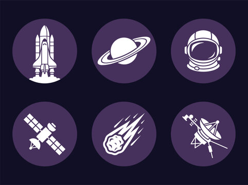 Outer Space Exploration and Astronomy Vector Icons with Shuttle Astronaut and Satellite