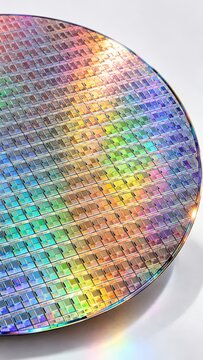 Vertical composition of an uncut silicon wafer with tiny sensor mote dies reflecting bright iridescent light