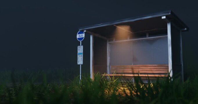 Empty wooden bus stop shelter with flickering light standing alone in dark grassy field at night