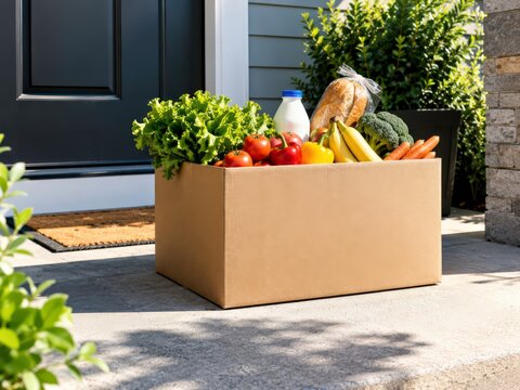 Grocery delivery box on doorstep in morning sun with fresh produce ready for pickup