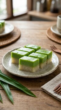 Sliced Pandan Kuih Seri Muka Cake on a Ceramic Plate