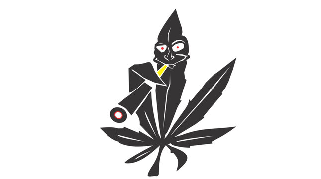 Cartoon cannabis leaf character smoking a joint, black marijuana mascot vector illustration, funny hemp plant graphic for dispensary branding