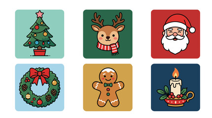 Fototapeta premium Cute Christmas Icon Set with Santa, Reindeer, Christmas Tree, Wreath, Gingerbread Man, and Candle