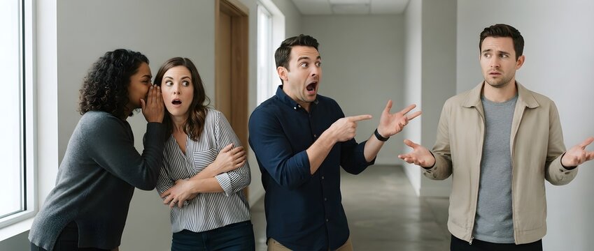 A group of people gossiping and pointing sarcastically at a confused man in a hallway, capturing dramatic office office drama and rumors.