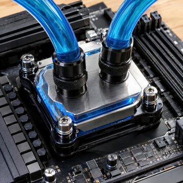 Macro display of a direct-to-chip cold plate setup on a processor with coolant lines in bright daylight on a workbench