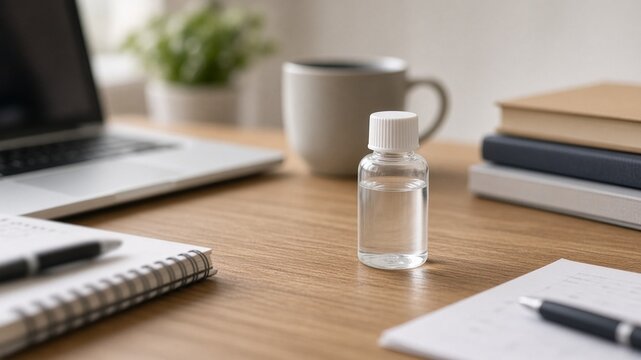 Eye drops bottle beside long study session