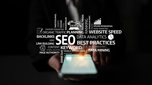 Businessman interacting with a tablet showcasing digital marketing concepts, including SEO and data analytics, in a dark background for a professional presentation. Tessel