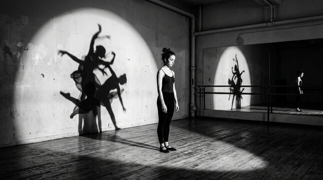 Ballerina and her dancing shadows in spotlight, dance studio, black and white.