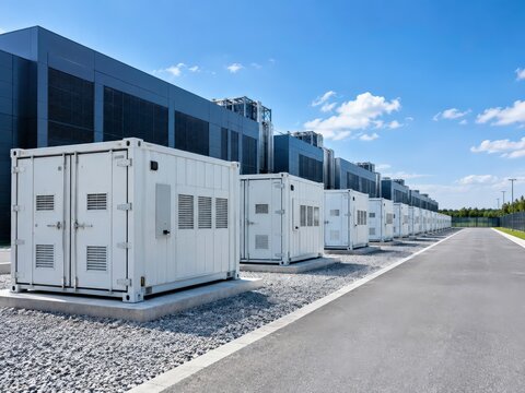 Yard of battery energy storage containers beside a data centre under bright daylight in clear view