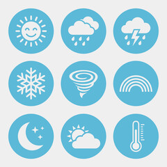 Obraz premium Weather forecast meteorology climate symbol icons set with sun cloud rain snow tornado rainbow