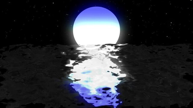 Glowing blue moon illuminates dark rippling ocean waves in this mesmerizing digital animation video clip featuring celestial light reflections dancing upon the deep nocturnal water surface.