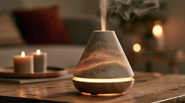 Volcano shaped aroma diffuser emitting mist on a wooden table with lit candles