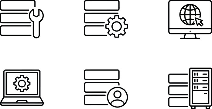 Set of line art icons representing data servers maintenance networking and security
