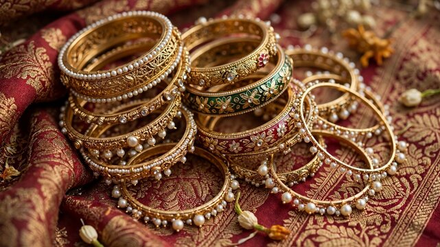 Traditional Indian gold bridal bangles on red silk embroidered fabric. Ornate bridal jewelry flat lay. Cultural wedding accessories