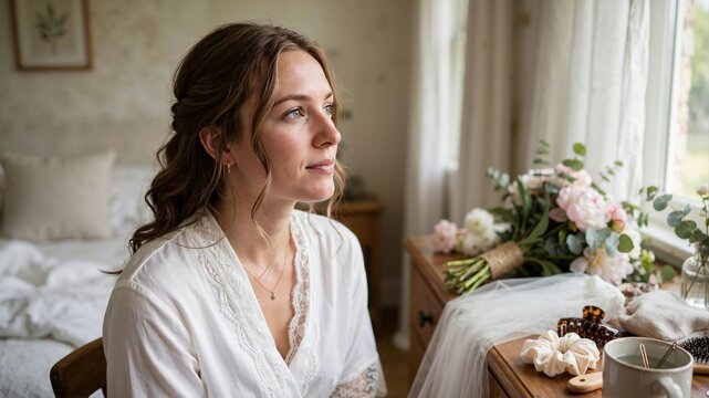 Bride in white lace robe looking through window in bedroom. Morning preparation of young woman before wedding ceremony