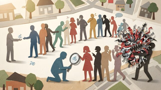 Papercraft illustration depicting misinformation spread, rumor chain reaction, and growing panic among people in a community.