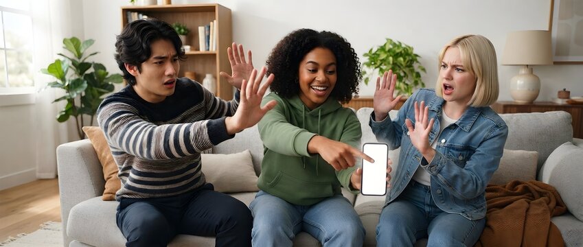A happy woman points at a blank smartphone screen while her friends reject it in shock, satirizing digital obsession, peer pressure, and internet toxicity.