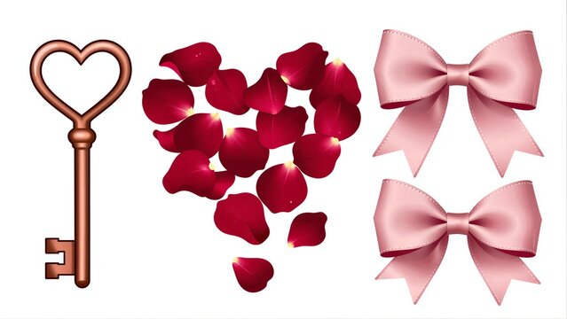 Heart-shaped key, rose petals, and pink bows symbolize love and romance.