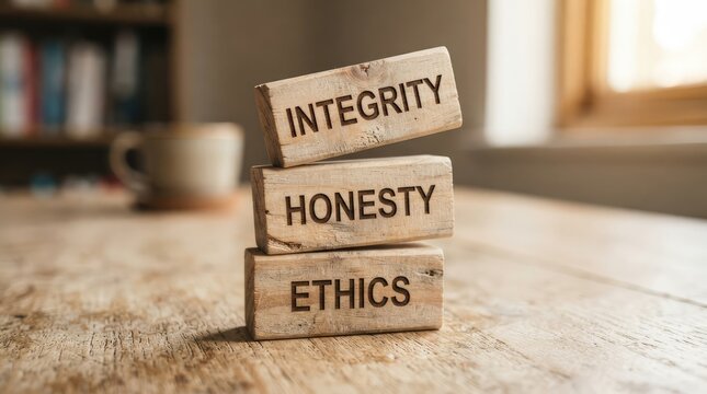Stacked wooden blocks displaying core ethical values on a rustic wooden surface with labeled integrity honesty ethics wooden table form stack labeled