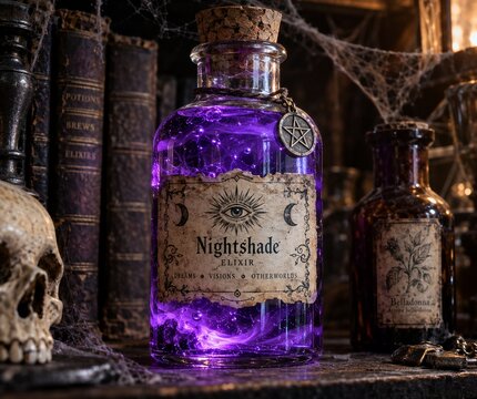 Glowing purple potion bottle with vintage label on a dark witchy bookshelf