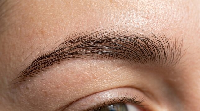 Close-up of a woman's natural, well-groomed eyebrow and part of her eye.