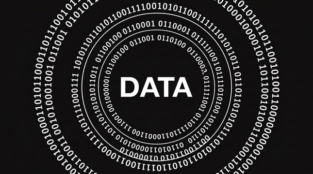 Abstract digital data circle illustration with binary code and the word DATA in the center