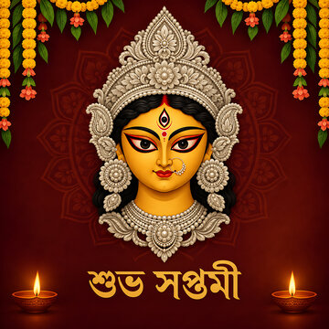 Stunning three dimensional illustration showing goddess durga face decorated with jewelry on red background celebrating maha shashthi durga puja and navratri events