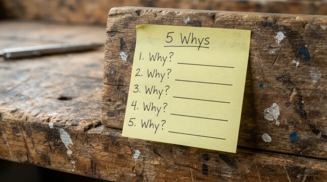 Yellow sticky note with five why questions attached to a worn wooden surface with lists five sequential rough wooden block problem solving with root cause