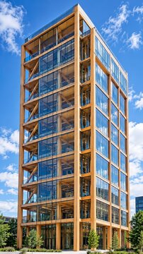 Timber mass-built office tower rises against a bright sky with exposed engineered wood visible through large glazing