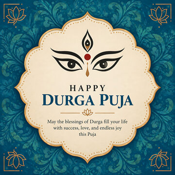 Decorative teal background card featuring divine eyes of goddess expressing wishes for maha shashthi festival during grand durga puja and navratri season