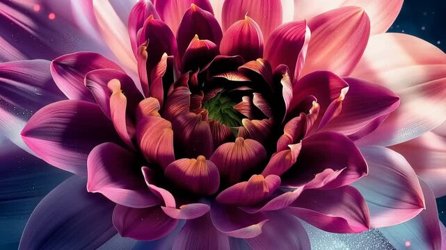 Glowing pink dahlia flowers blooming with magical cosmic bokeh lights and sparkling fantasy effects