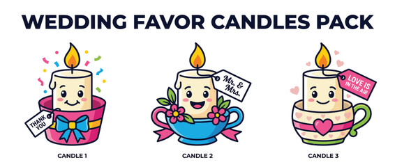 Fototapeta premium Set of Cute Kawaii Wedding Favor Candle Illustrations with Gift Tags