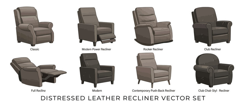 Set of Distressed Leather Recliner Chairs in Various Styles and Positions