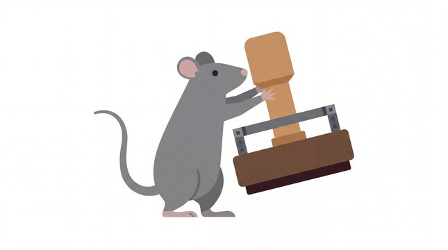 Gray rat holding a large wooden rubber stamp illustration
