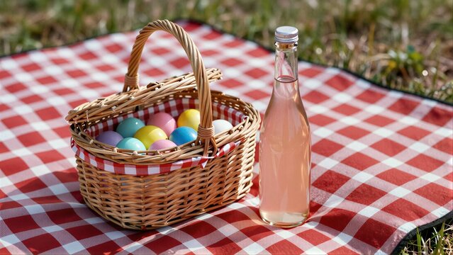 Colorful eggs in basket, pink drink beside on checkered blanket outdoors.