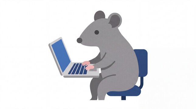 Mouse working on a laptop while sitting on an office chair